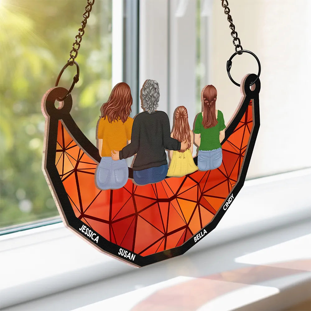 Grandma Mom And Children Sitting On The Moon - Personalized Window Hanging Suncatcher Ornament Window Hanging Suncatcher HeartfulPaws