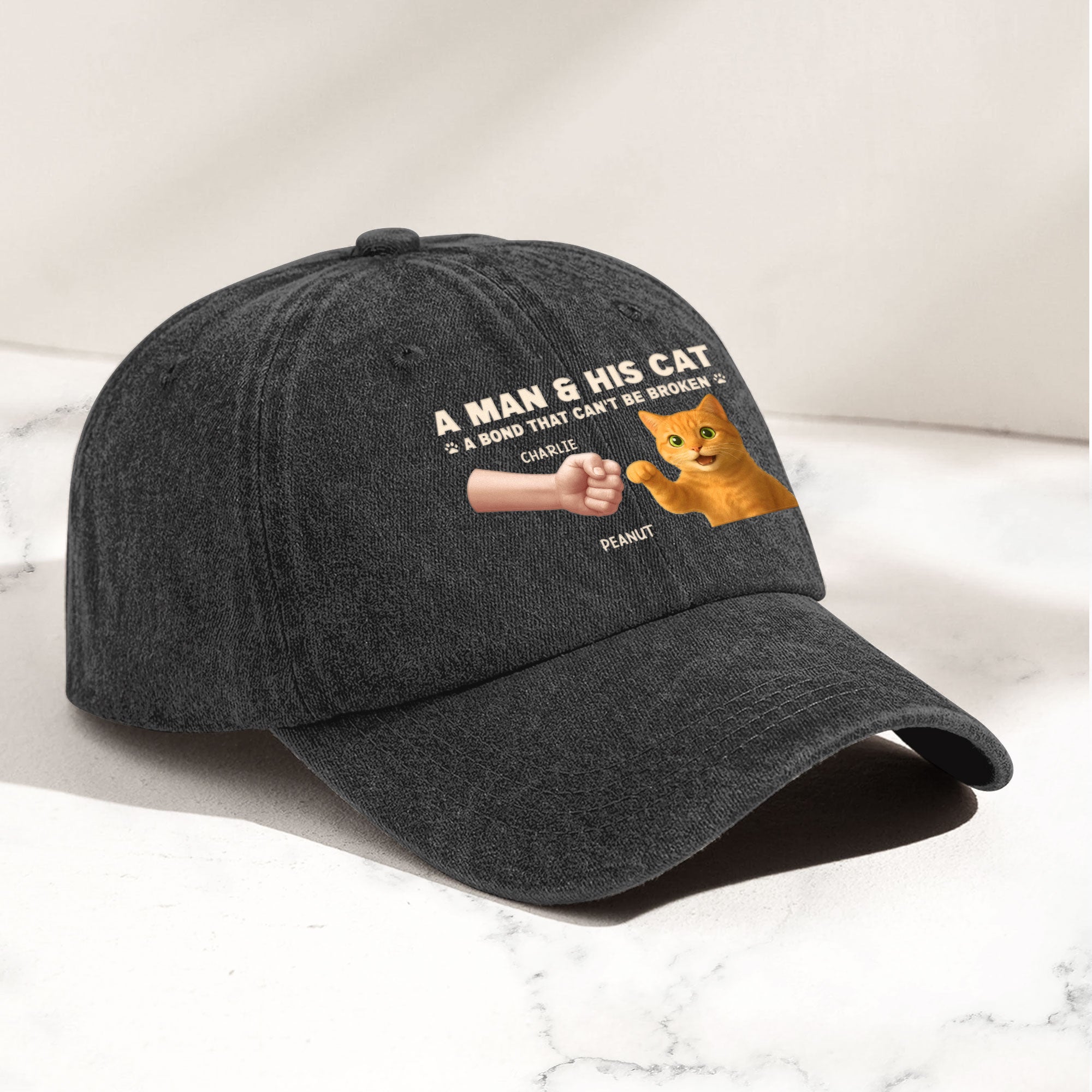 A Man And His Cat - Personalized Distressed Denim Cap Distressed Denim Cap HeartfulPaws