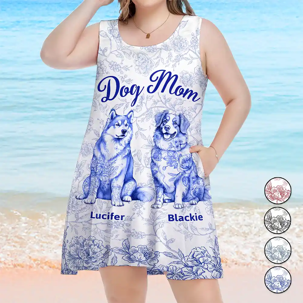 Dog Mom Toile De Jouy Style - Personalized Sleeveless Tank Dress Sleeveless Tank Dress HeartfulPaws
