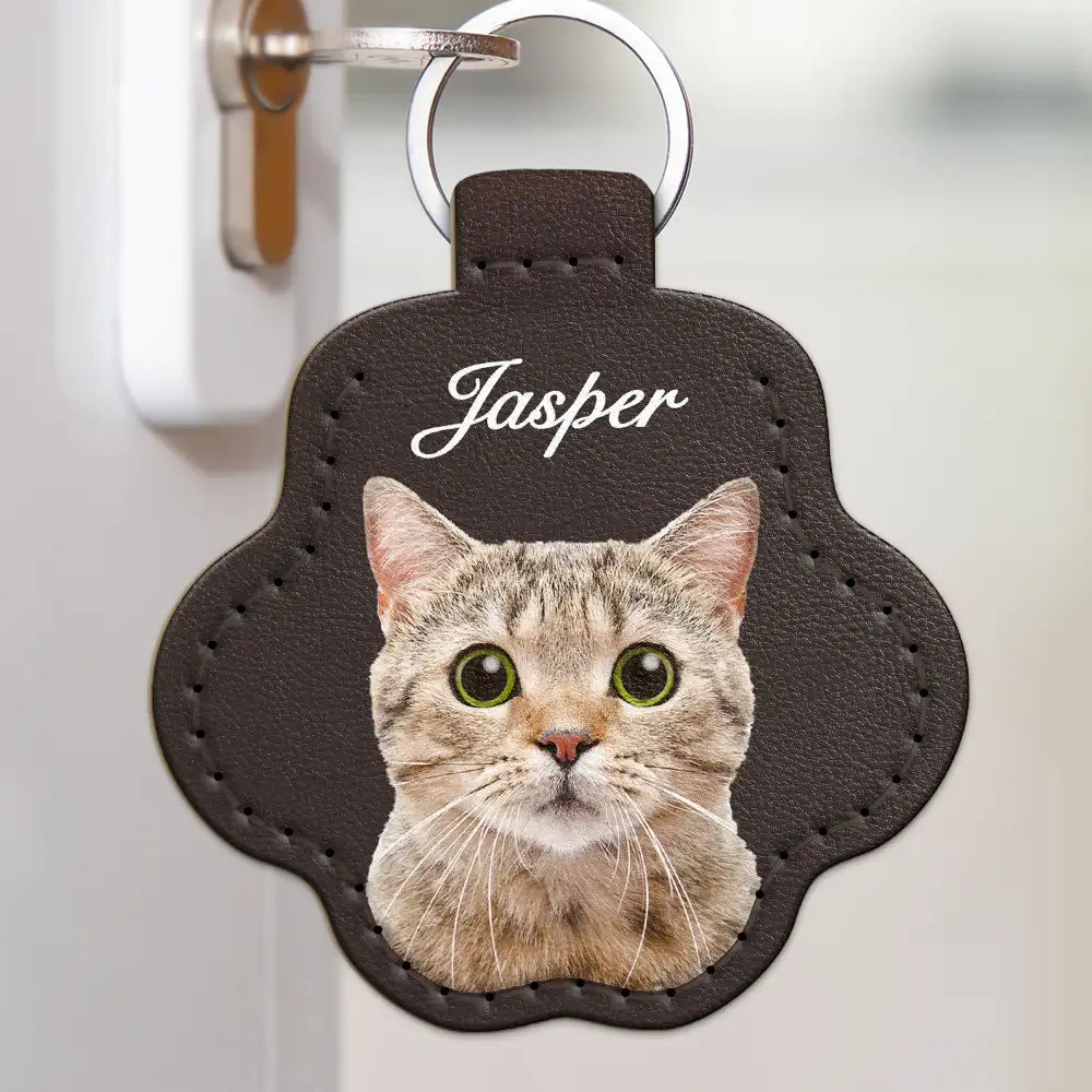 Custom Photo Dog Cat Pet Portrait - Personalized Paw Shaped Leather Keychain With Stitching Leather Keychain With Stitching HeartfulPaws