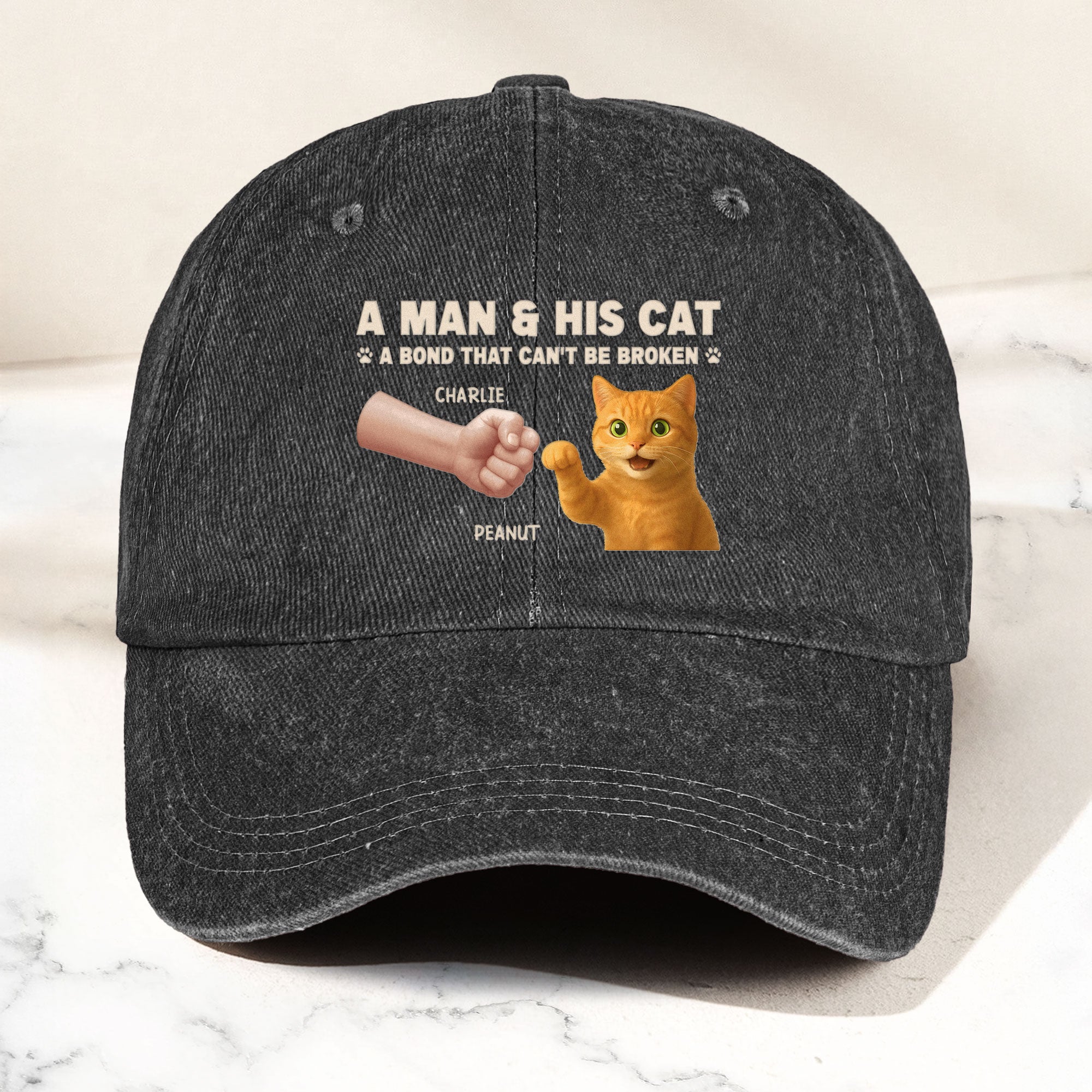 A Man And His Cat - Personalized Distressed Denim Cap Distressed Denim Cap HeartfulPaws