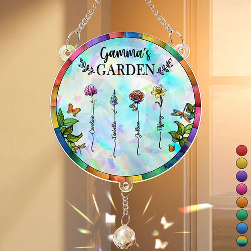 Birth Flower Grandma's Garden - Personalized Rainbow Suncatcher With Crystal Ball Prism Rainbow Suncatcher & Crystal HeartfulPaws