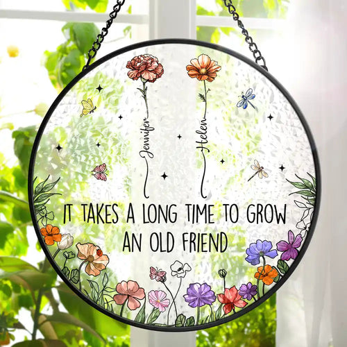 Grow An Old Friend Birth Flower - Personalized Stained Glass Window Hanging Suncatcher Stained Glass Suncatcher HeartfulPaws