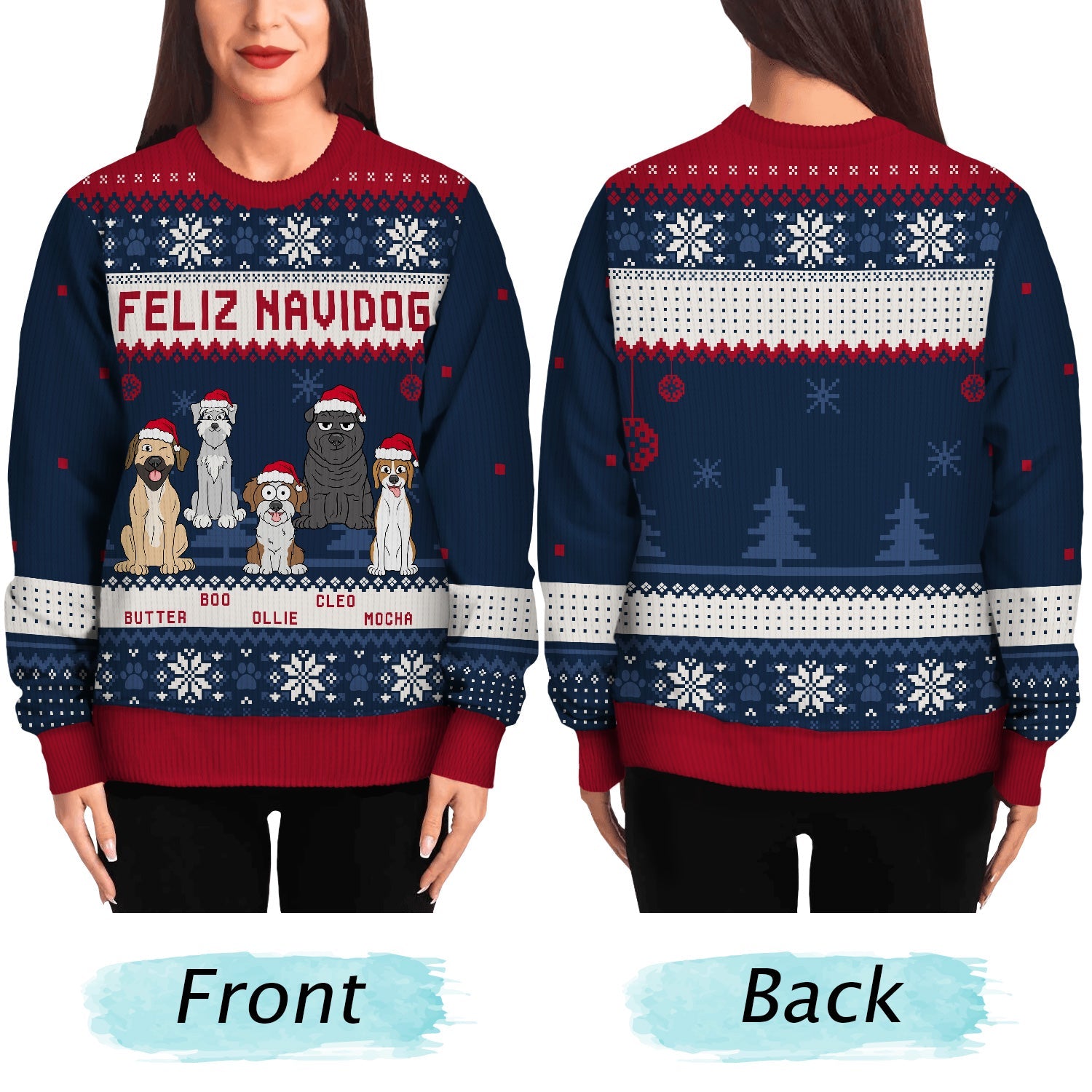 Feliz Navidog Merry Woofmas Funny Cartoon Dogs - Christmas Gift For Dog Lovers - Personalized Unisex Ugly Sweater Ugly Sweater HeartfulPaws
