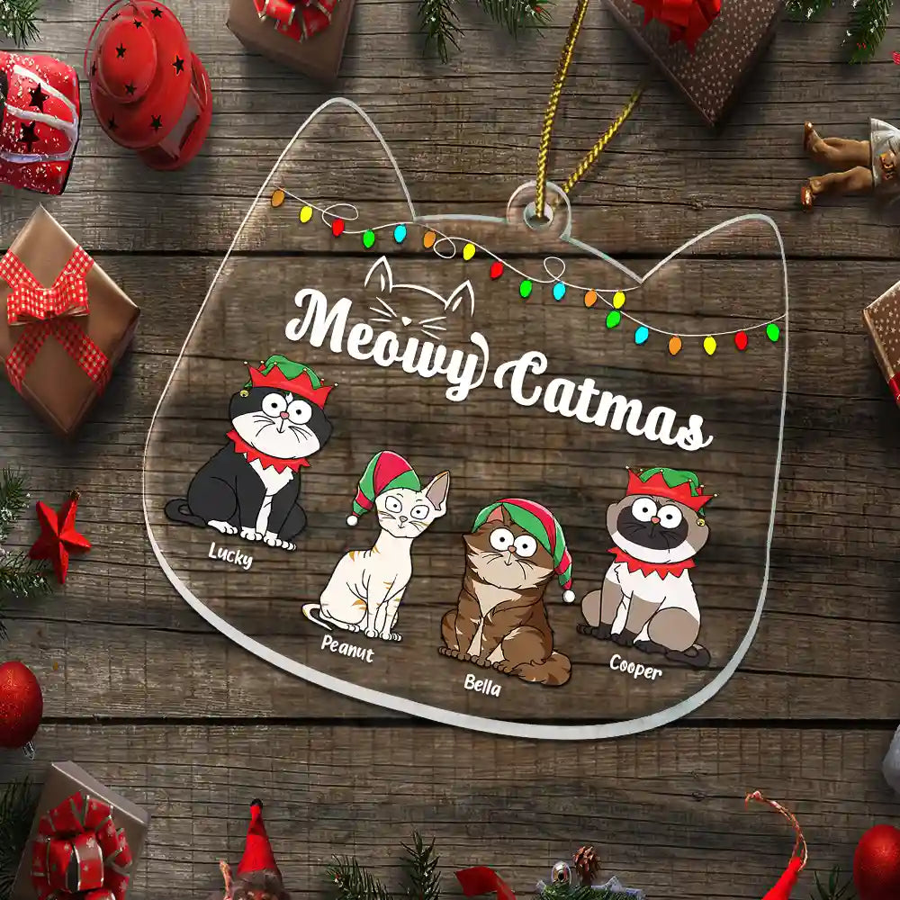 Meowy Catmas Funny Cartoon Cats - Christmas Gift For Cat Lovers - Personalized Custom Shaped Acrylic Ornament Acrylic Ornament HeartfulPaws