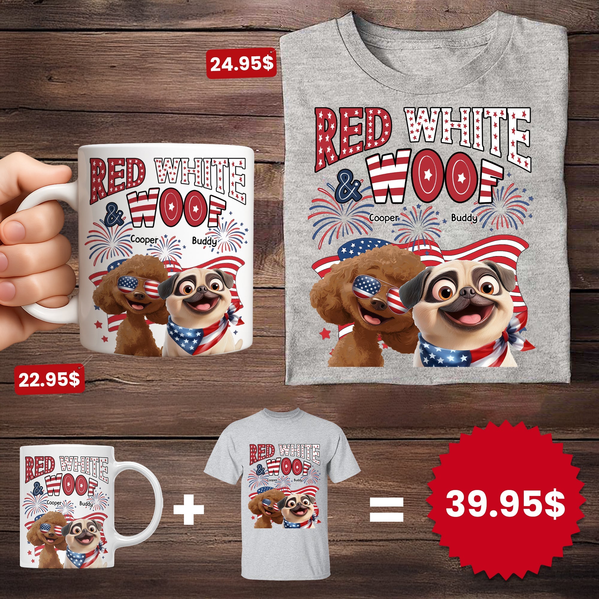 Red White Woof - Custom Independence Day Gift Set For Pet Parents Shirt And Mug HeartfulPaws
