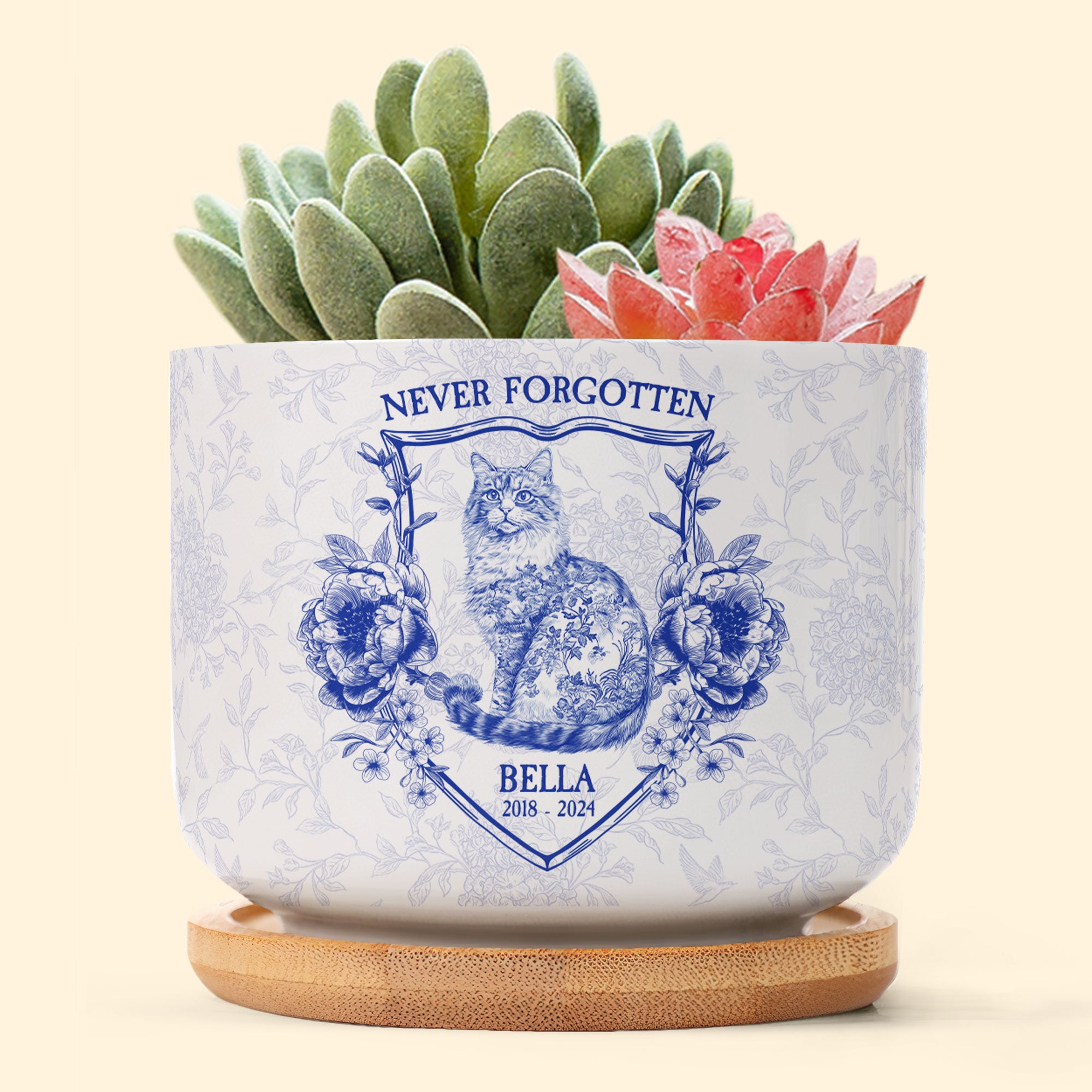 Never Forgotten Cat Toile De Jouy Style - Personalized Ceramic Plant Pot Ceramic Plant Pot HeartfulPaws