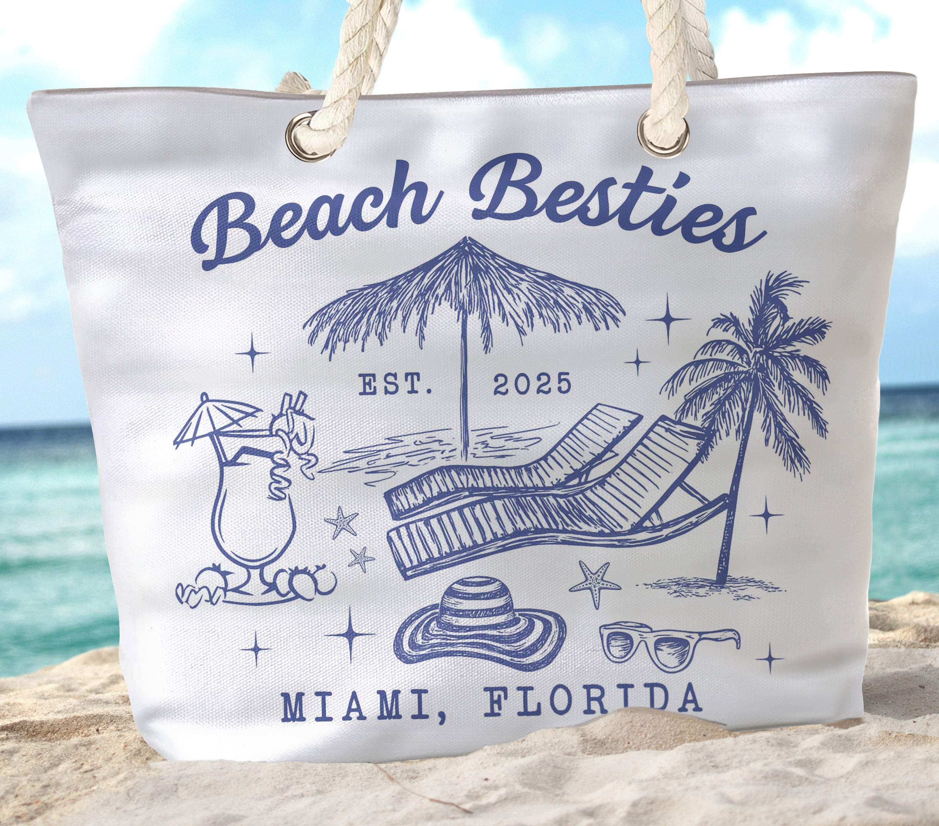 Beach Besties Girls Trip Summer Vacation Vacay Mode - Personalized Beach Bag Canvas Beach Bag With Rope Handle HeartfulPaws