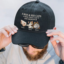 Load image into Gallery viewer, A Man And His Cat - Personalized Vintage Washed Denim Cap Vintage Washed Denim Cap HeartfulPaws
