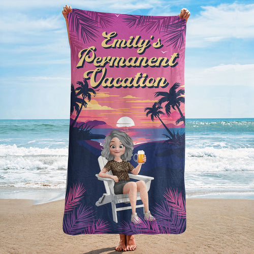 Retirement Permanent Vacation Retro Summer - Personalized Quick-Dry Beach Towel Quick-Dry Beach Towel HeartfulPaws