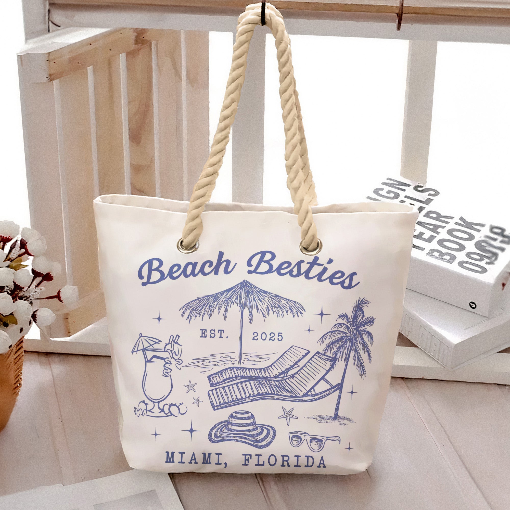 Beach Besties Girls Trip Summer Vacation Vacay Mode - Personalized Beach Bag Canvas Beach Bag With Rope Handle HeartfulPaws