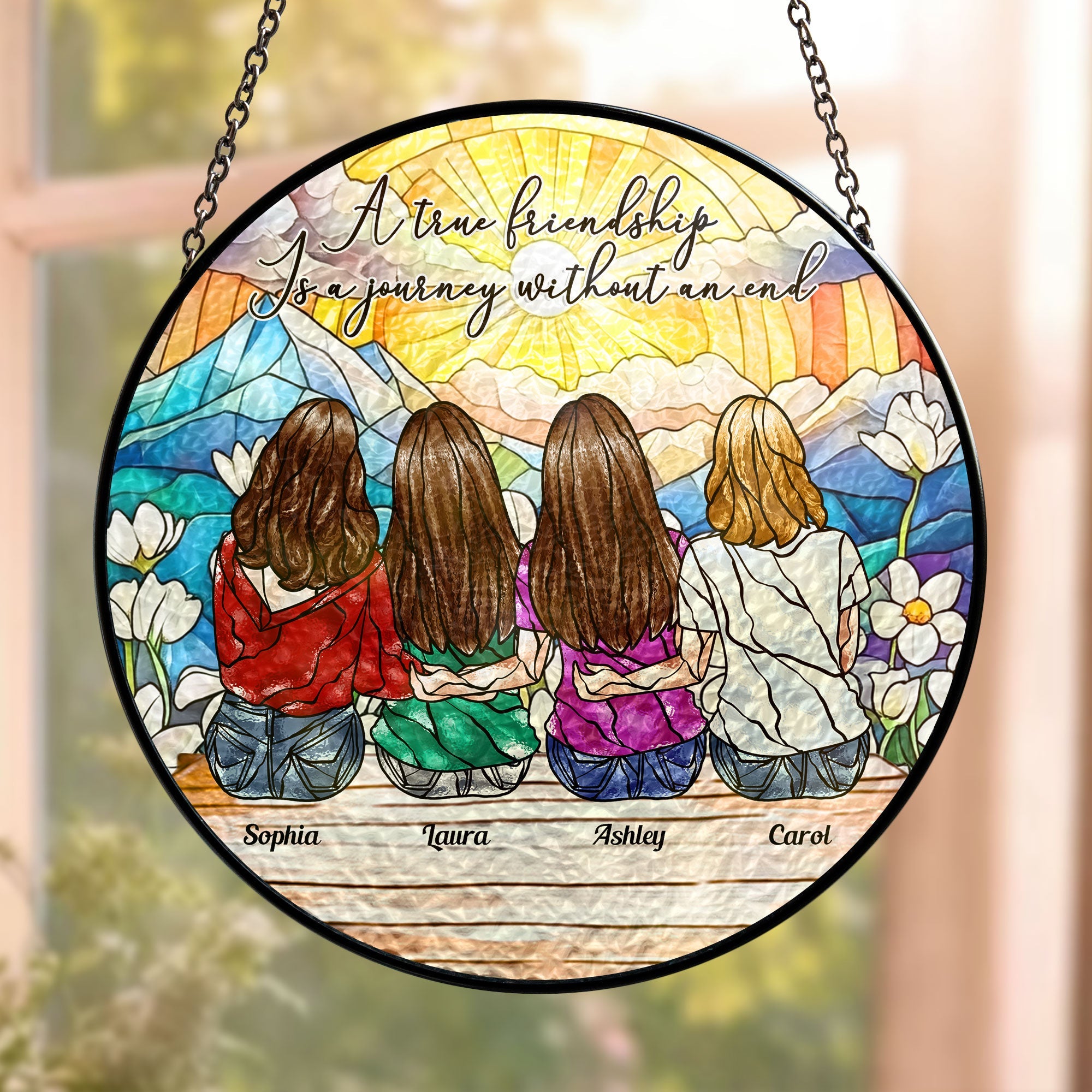 True Friendship Is A Journey Without An End - Personalized Stained Glass Window Hanging Suncatcher Stained Glass Window Hanging Suncatcher HeartfulPaws
