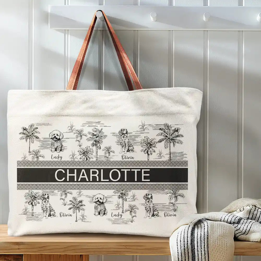 Dog Mom Dog Lovers Toile De Joey Pattern - Personalized Leather Handle Tote Bag Leather Handle Tote Bag HeartfulPaws