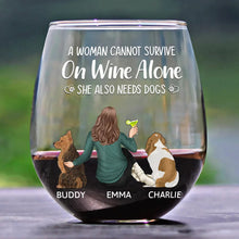 Load image into Gallery viewer, A Woman Cannot Survive On Wine Alone Dog Mom - Personalized Stemless Wine Glass Wine Glass HeartfulPaws
