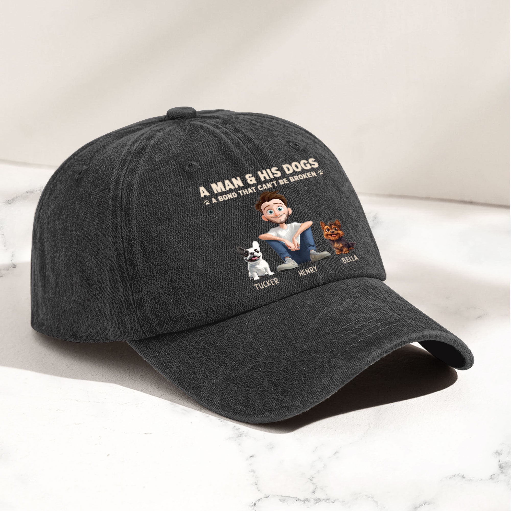 Man & His Dog A Bond Can't Be Broken - Personalized Distressed Denim Cap Distressed Denim Cap HeartfulPaws