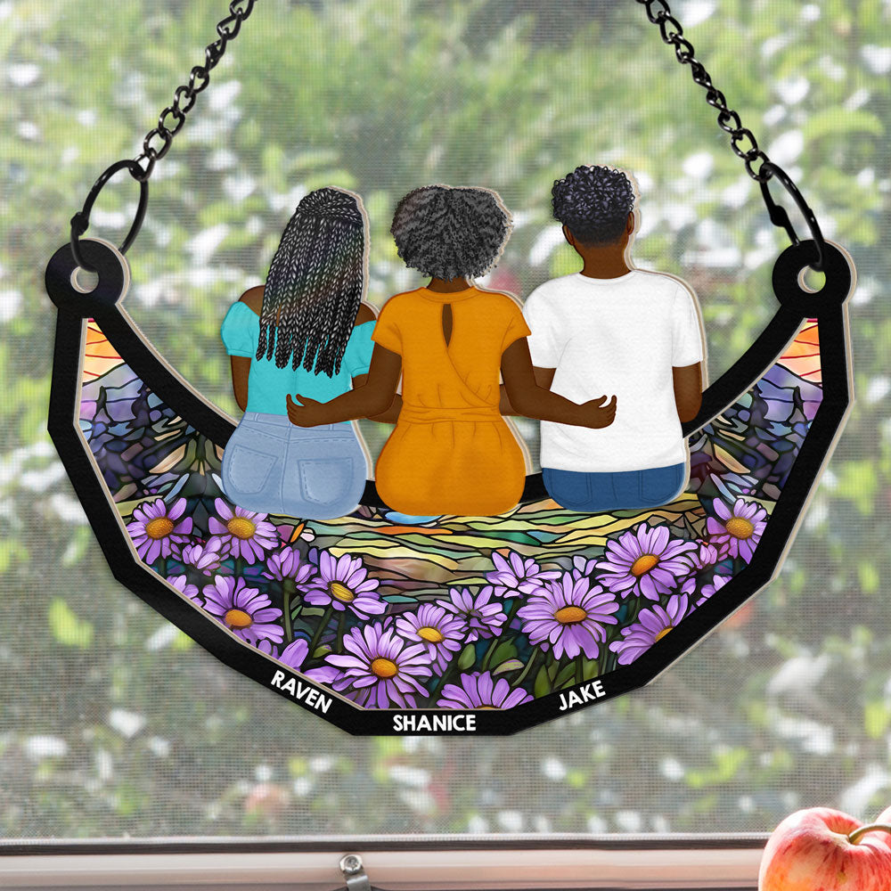Grandma Mom And Children Sitting On The Moon - Personalized Window Hanging Suncatcher Ornament Window Hanging Suncatcher HeartfulPaws