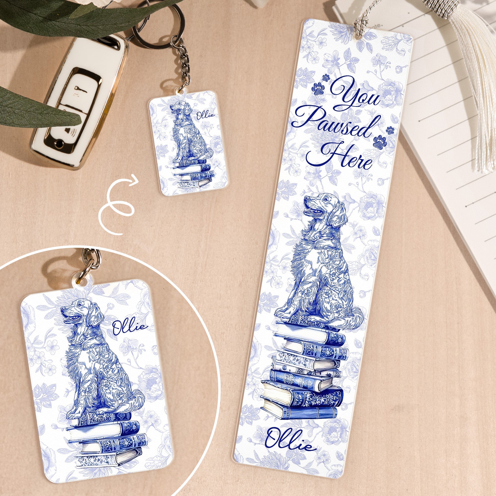 Dog Mom Book Lover Toile De Jouy - Personalized Acrylic Bookmark And Keychain Set Acrylic Bookmark And Keychain Set HeartfulPaws