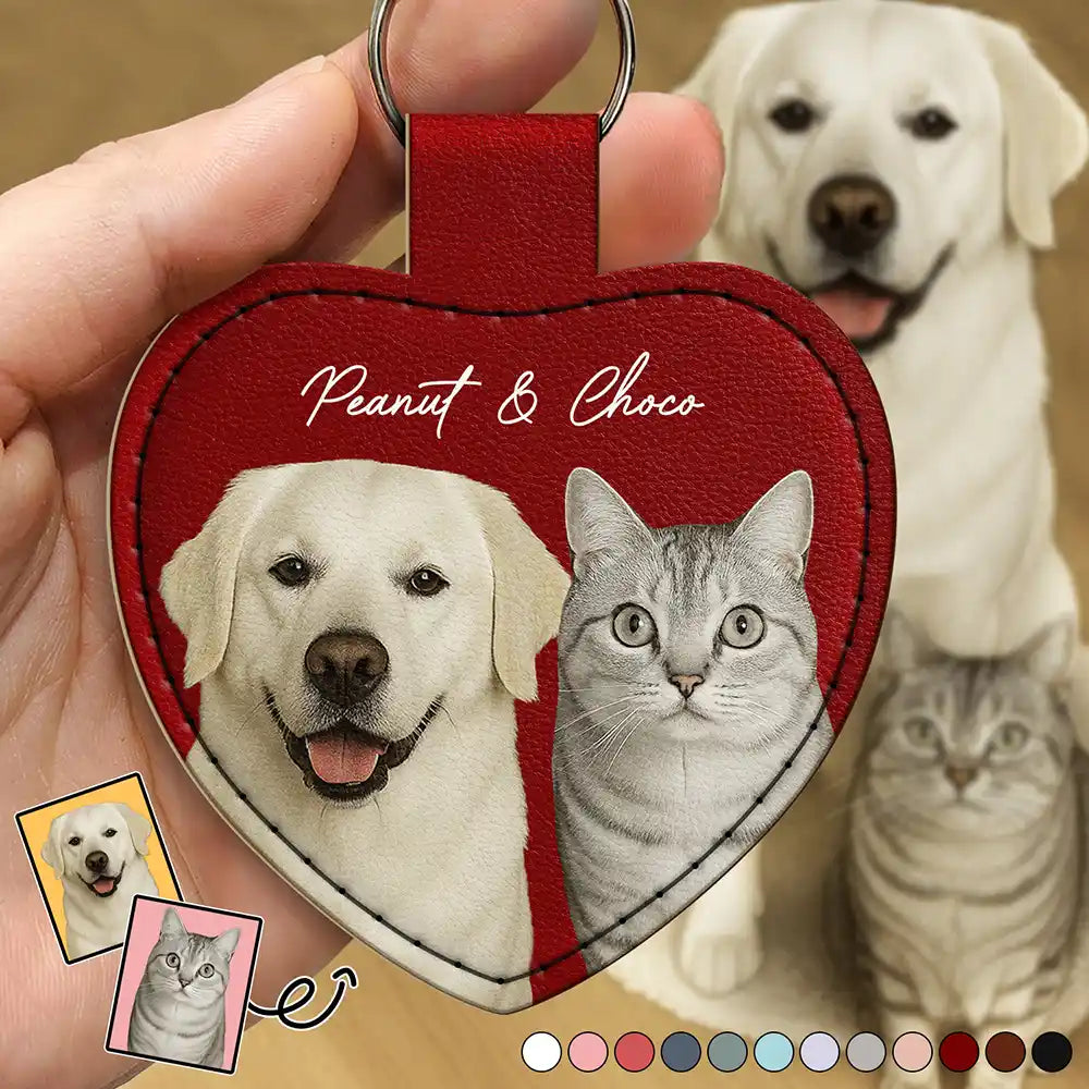 Custom Photo Dog Cat Pet Portrait - Personalized Custom Shaped Leather Keychain With Stitching Leather Keychain With Stitching HeartfulPaws