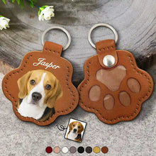 Load image into Gallery viewer, Custom Photo Dog Cat Pet Portrait - Personalized Paw Shaped Leather Keychain With Stitching Leather Keychain With Stitching HeartfulPaws
