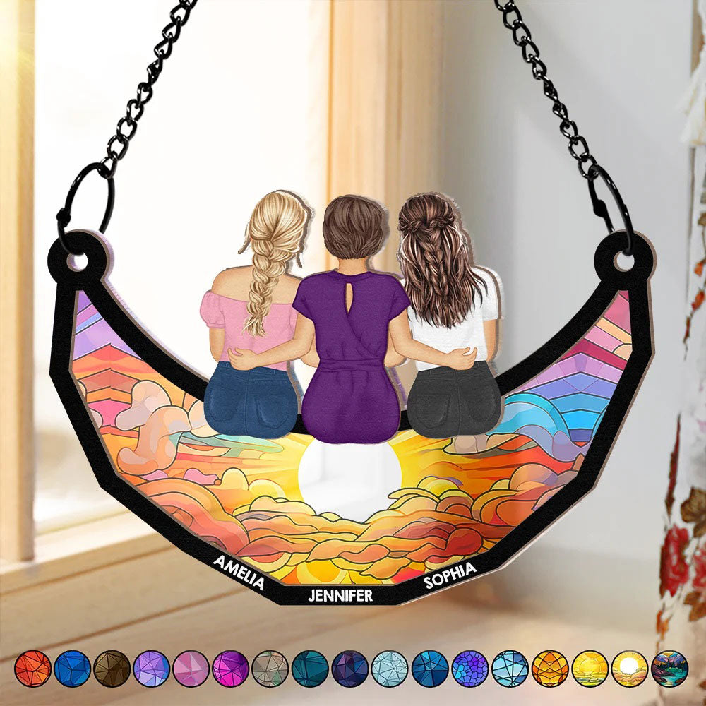 Grandma Mom And Children Sitting On The Moon - Personalized Window Hanging Suncatcher Ornament Window Hanging Suncatcher HeartfulPaws