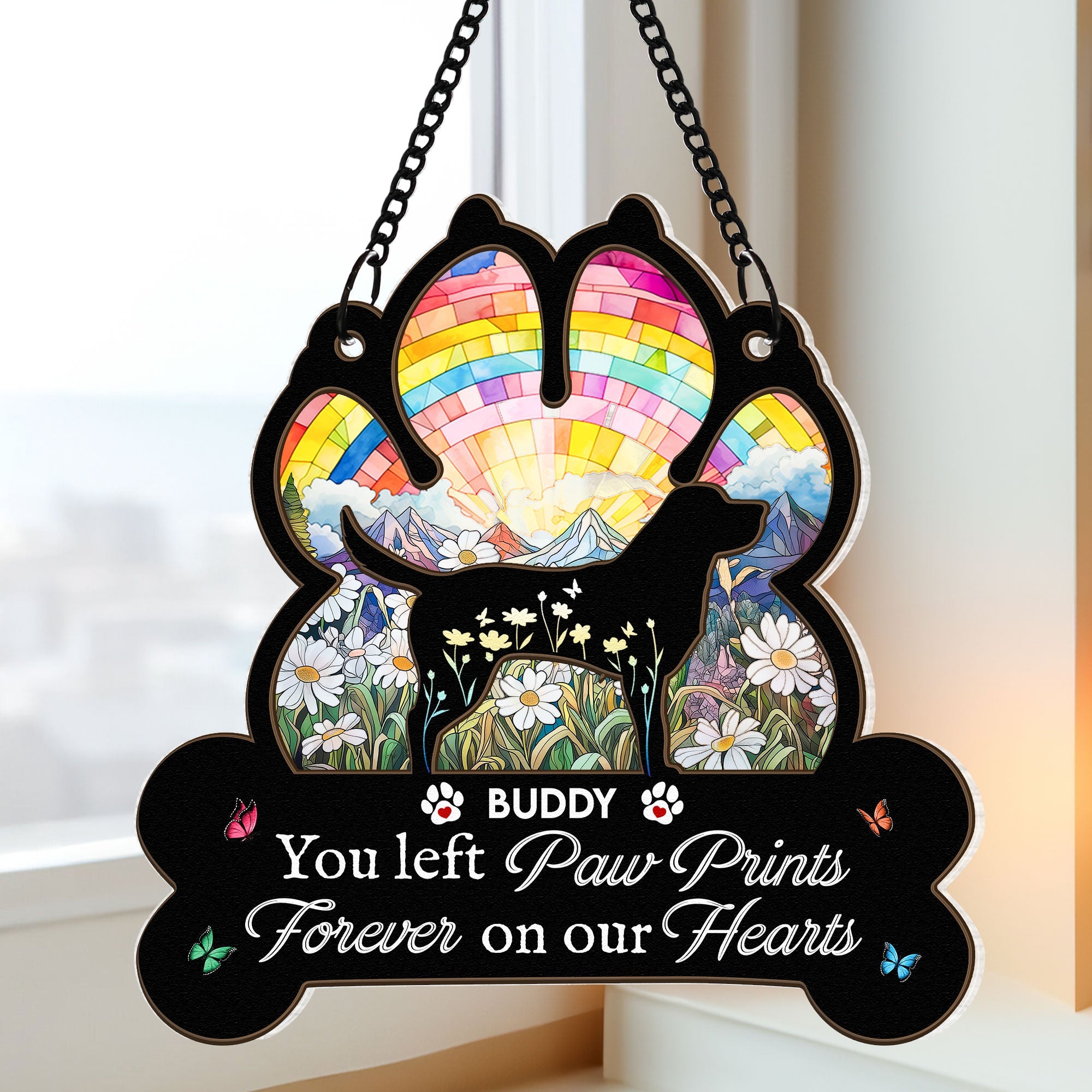 You Left Paw Prints Forever On Our Hearts - Personalized Window Hanging Suncatcher Ornament Window Hanging Suncatcher Ornament HeartfulPaws