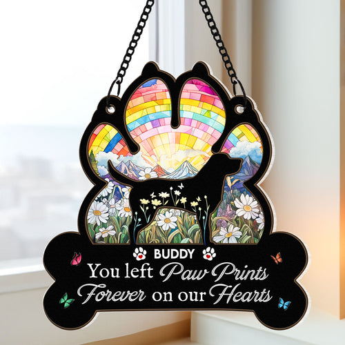 You Left Paw Prints Forever On Our Hearts - Personalized Window Hanging Suncatcher Ornament Window Hanging Suncatcher Ornament HeartfulPaws